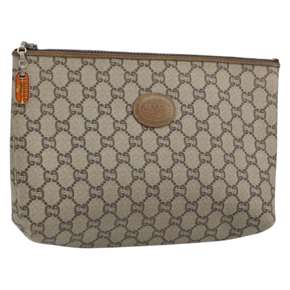 GUCCI GG Plus Supreme Clutch Bag PVC Beige Gold